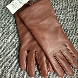 Large Lands End Brown Womens EZ Touch Screen Cashmere Lined Leather Gloves L